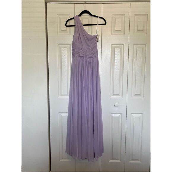 David’s Bridal NWT Long Mesh One Shoulder Dress in Lilac Purple, Sz 2, MSRP $150 - Picture 1 of 7